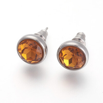 

304 Stainless Steel Stud Earrings with Rhinestone Flat Round Light Topaz 10x6mm Pin 09mm