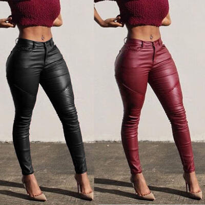 

Sexy Womens Stretch High Waist Pencil Pants Skinny PU Leather Leggings Trousers