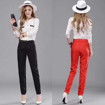 

New Fashion Women Solid Pants Press Stud Closure Slant Pocket Lady Causal Loose Trousers RedBlack