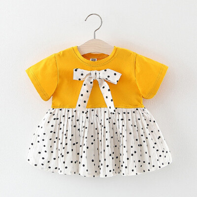 

Toddler Baby Kids Girl Patchwork Dot Bow Ruched Dress Princess Dresses Clothes