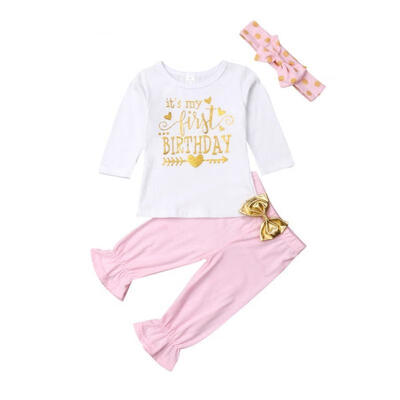

Infant Baby Girl Birthday Clothes T-shirt Top Pants LeggingsHeadband Outfit Set