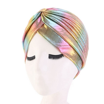 

Colorful New Women Laser Silky Ruffle Metallic Turban Hair Cover Accessories Wave Caps Bonnet Salon Hat Turban Headwrap