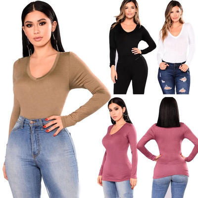 

Womens Basic Long Sleeve Shirt Ladies V Neck Plain T-shirt Thin Tee Slim Top USA