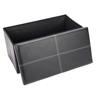 

Folding Leather Footstool Cuboid Ottoman Bench Box Seat With Line Storage Black
