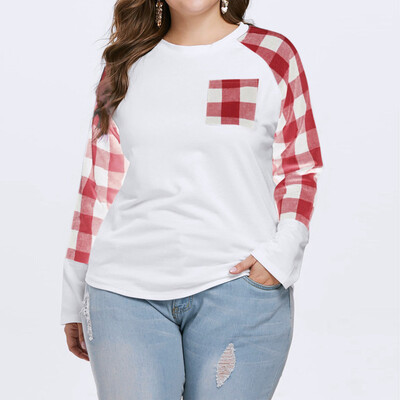 

Starmoon Women Casual Plus Size Long Sleeve O Neck Plaid Pockets T Shirt Top Blouse
