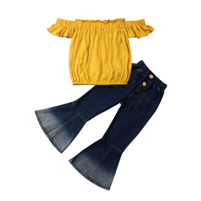 

Newborn Kids Baby Girls Off Shoulder Tops Denim Pants Leggings Outfits Clothes