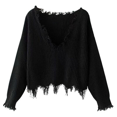 

V Neck Long Sleeve Ripped Fringed Solid Color Loose Short Women Pullover Sweater