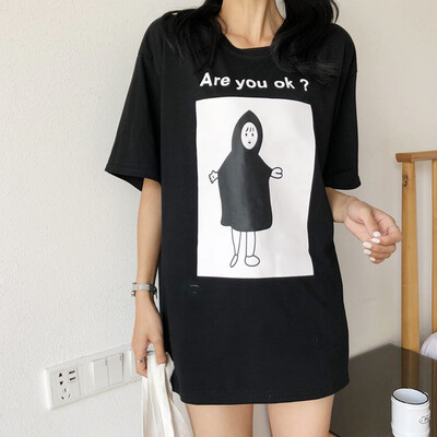 

Womens O Neck Black Tshirt Femme Cartoon And Letter Print Short Sleeve Loose Pullover Long T-Shirt