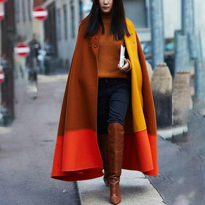 

Womens Colorblock Coat Casual Autumn Winter Loose Plus Size Cloak Outwear Tops