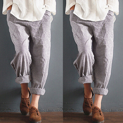 

Tailored Women High Waist Vintage Striped Loose Cotton Linen Long Trousers Pants BKL