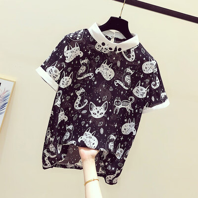 

Women Summer Round Collar Cartoon Cat Print Loose Half Sleeve Casual T-Shirt Simple Wild Tops