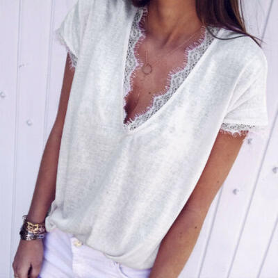 

Fashion Womens Short Sleeve Shirt Casual Lace Blouse Loose Cotton Tops T Shirt