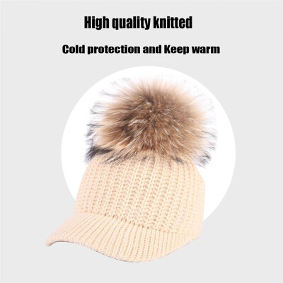 

Tailored Women Autumn Winter Outdoor Warm Fur Ball Hats Crochet Knit Holey Beanie Cap