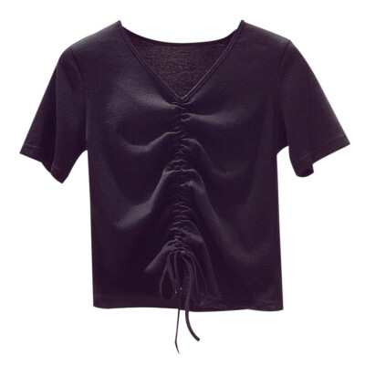 

Women Summer Fashion V-neck Solid Color Slim Short Sleeve Casual T-Shirt Simple Drawstring Wild Short Tops