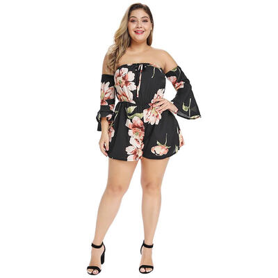 

Sexy Large Size Print Jumpsuit Off Shoulder Women Flare Loose Playsuits
