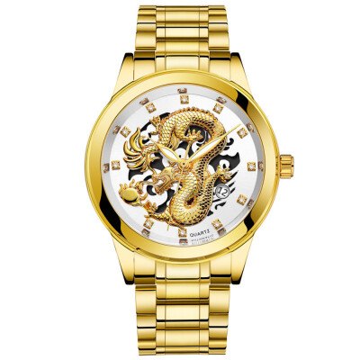 

Gobestart Waterproof Mens Gold Dragon Sculpture Quartz Watch Luxury Men Steel Wristwatch