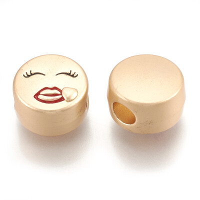 

Alloy Enamel European Beads Large Hole Beads Matte Style Flat Round with Face Matte Golden 13x8mm Hole 4mm