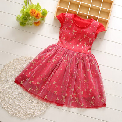 

Summer Casual Baby Girls Short Sleeve Dress with Lace Star Design Kids Toddler Pageant Princess Mesh Sundress
