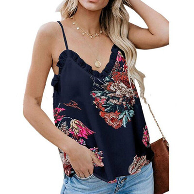 

Womens Sleeveless Spaghetti Strap Floral Print V Neck Lace Stitching Loose Camisole