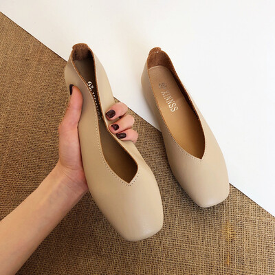 

Bean Shoes Womens Summer&Han Edition Fashion Square Head Shallow Flat sole Single Shoes Chic Fairy Gentle Wind Shoes