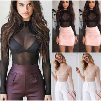 

Sexy Women High Neck Transparent Mesh Sheer Crop Top T-Shirt Blouse Tee Tops Tee