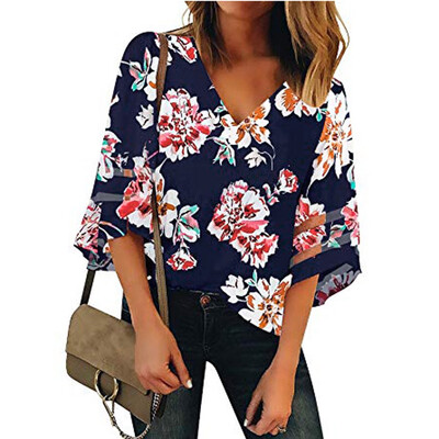 

Starmoon Womens V Neck Floral Mesh Panel Blouse 34 Bell Sleeve Casual Loose Top Shirt
