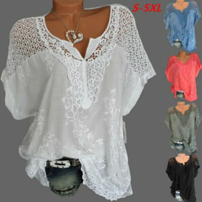 

Women V-Neck Short Sleeve Hollow Out Casual Blouse Loose Tops Summer T-Shirt US