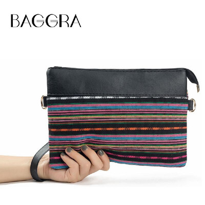 

New Vintage Women Canvas Clutch Bag PU Splice Striped Print Wrist Strap Street Shoulder Handbag