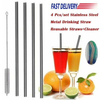 

4 Pcs Stainless Steel Metal Drinking Straw Reusable Straws Cleaner Brush Kit