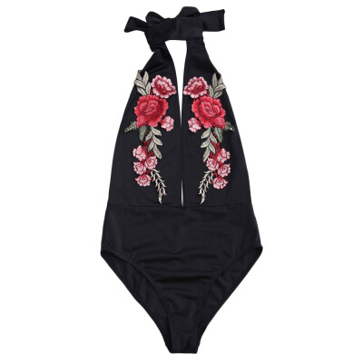 

Floral Applique Backless Choker Swimsuit