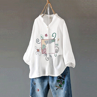 

Roseonmyhand Womens Cotton&Linen Plus Size Embroidery Button V-Neck Casual Blouse Tops