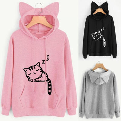 

Women Long Sleeve Cute Cat Pattern Cat Ear Hoodie Pullover Sweatshirt Top