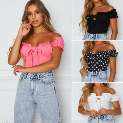 

Women Summer Fashion Off Shoulder Tank Top Vest Blouse Short Sleeve Crop Tops