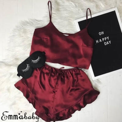 

2pcs Set Womens Satin Lace Sleepwear Babydoll Lingerie Nightwear Shorts Pjs Pyjamas Set