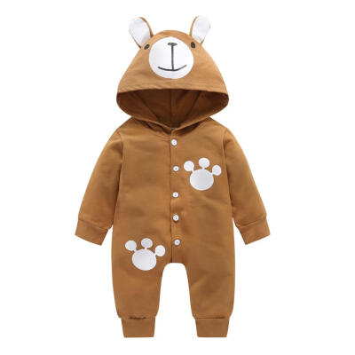 

Cartoon Bear Baby Rompers Toddler Long Sleeve Front Button Hooded Jumpsuit