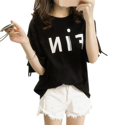 

Summer Casual Loose T-Shirt Women Letter Half Sleeve Lace Up O Neck Tees