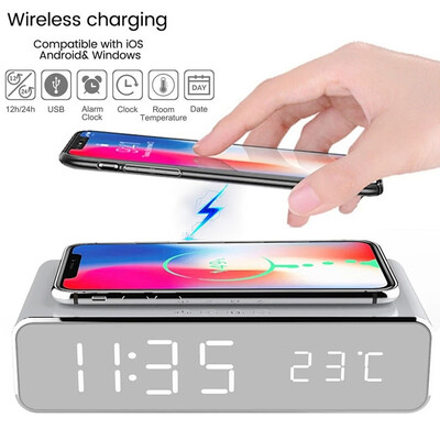 

NEW 3 in 1 Wireless Charger & LED Digital Alarm Clock & Thermometer Modern Wooden Design Qi Wireless Charging Pad Desk Clock