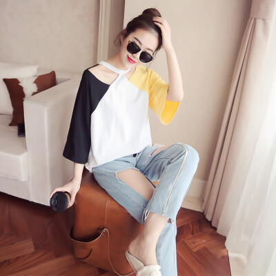 

Womens Loose Halter 34 Sleeve Blouse Tops Color Block Casual Party T-Shirts