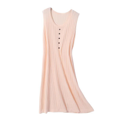 

Solid Color Knitted Dress Women Summer Sleeveless O-neck Button Dresses