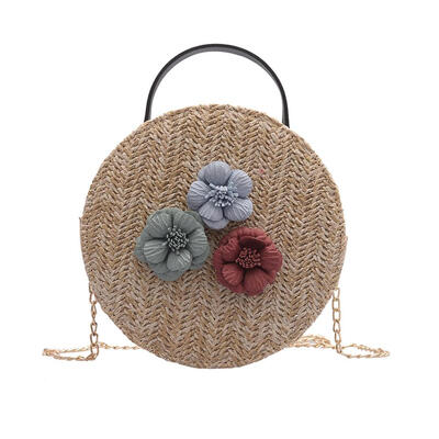

Flower Decor Shoulder Casual Bag Handmade Woven Round Chain Women Bags