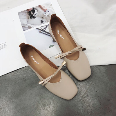 

Chic shoes female summer shallow bean shoes new Joker flat bottom square head grandma shoes bow gentle fairy shoes