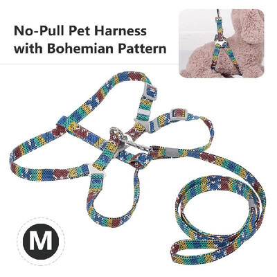 

Pet Harness No-Pull Adjustable Chest Straps Bohemian Pattern Vest with Leash Reflective Canvas Leash Vest for Dogs Cats