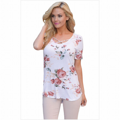 

Round neck short sleeve printed neckline cross casual T-shirt top