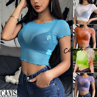 

Women Sexy See-through Short Sleeve Vest Crop Top Tank Top Blouse Shirt Tee US