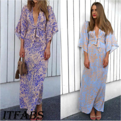 

Summer Women Maxi Long Party Casual Beach Dress Bell Sleeve Sexy-V Cocktail BOHO