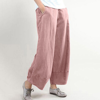 

Women Pure Color High Waist Wide Leg Pants Cotton Linen Trousers Loose Pants