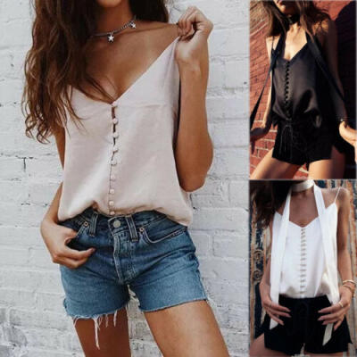 

Womens Summer Strappy V Neck Vest Tops Ladies Pure Button Tank Cami Blouse