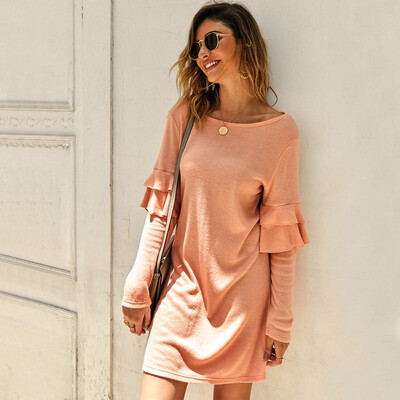 

Women Solid Color Wild Round Collar Sexy Knit Slim Shirts Long Sleeve Mid-length Casual Sweater Dress