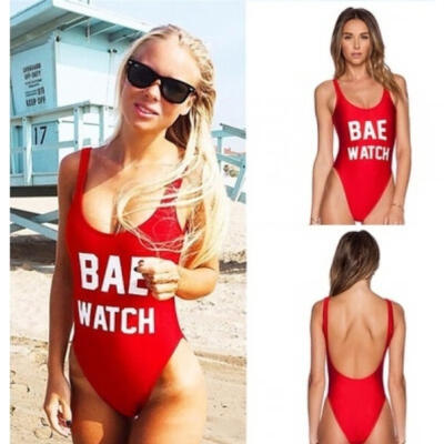 

Women Sexy Halter BAE WATCH Letters one pieces Low Back Bodysuit Summer Style Red Swimwear Bathing Suit