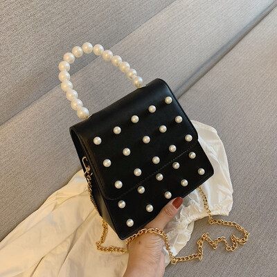 

Tailored Fashion Pearl Chain Pure Color Crossbody Bag Colorful Leather Messenger handBag
